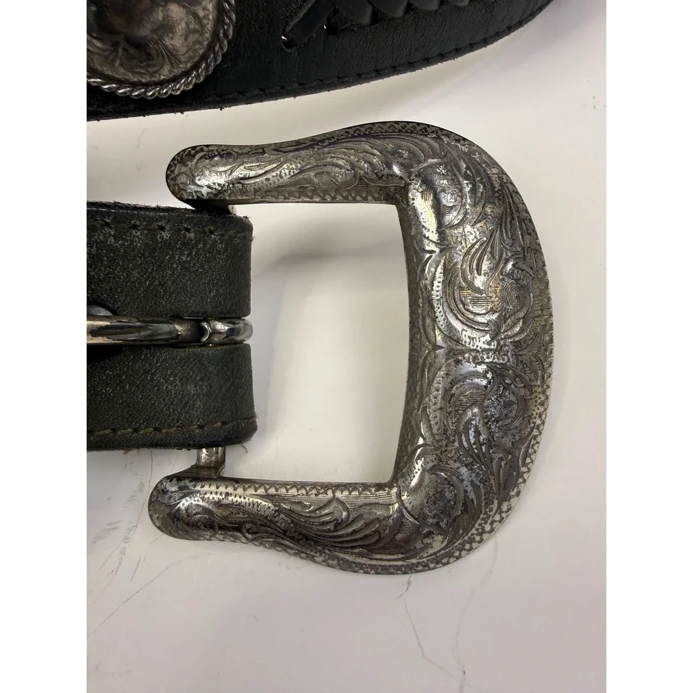 Vintage 1994 Western Black Leather Braided Concho Belt Engraved Buckle Cowboy